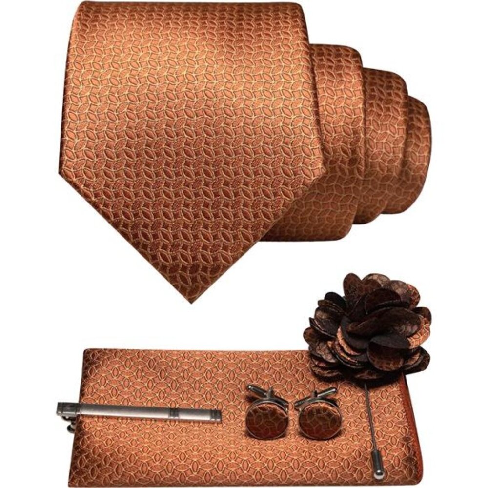 Mens Tie and Pocket Square,Lapel Pin,Cufflinks,Tie Clip Sets with Gift Box 5PCS